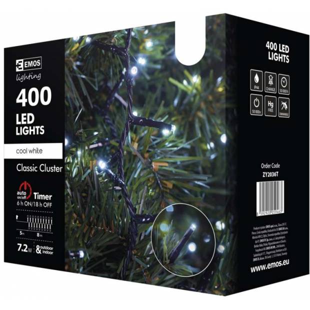 ZY2036T 400 LED řetěz – ježek, 8m, studená bílá, časovač Emos