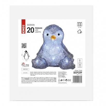 DCFC09 LED vánoční tučňák, 20 cm, 3x AA, vnitřní, studená bílá, časovač EMOS Lighting