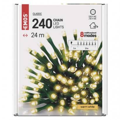 D4AW08 LED vánoční řetěz, 24 m, venkovní i vnitřní, teplá bílá, programy EMOS Lighting