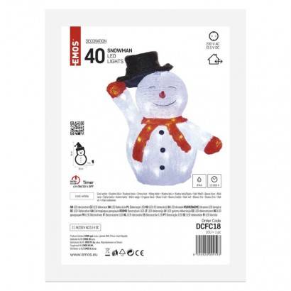 DCFC18 LED vánoční sněhulák s kloboukem, 36 cm, venkovní i vnitřní, studená bílá, časovač EMOS