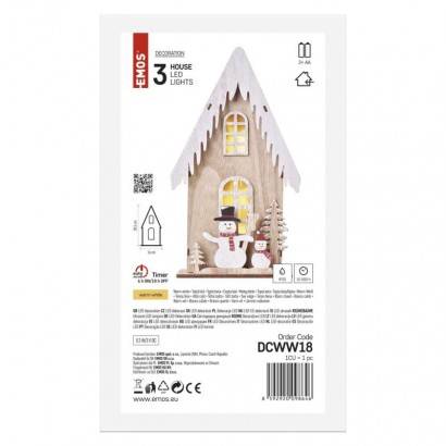 DCWW18 LED dekorace dřevěná – domek se sněhuláky, 28,5 cm, 2x AA, vnitřní, teplá bílá, časovač EMOS