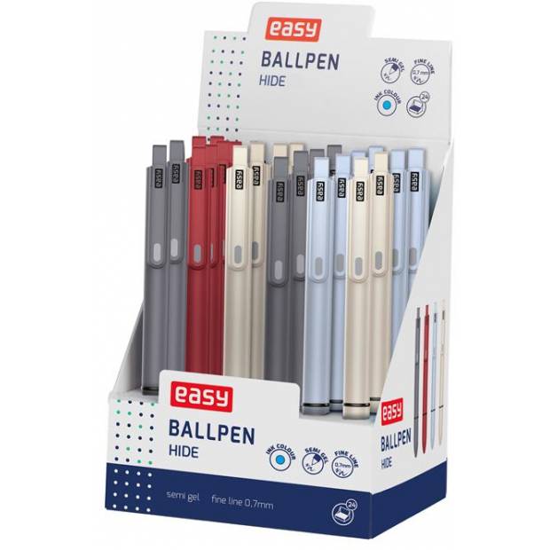 EASY HIDE Kuličkové pero, modrá semi-gelová náplň, 0,7 mm, 24 ks v balení EASY Office