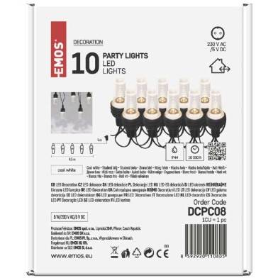 DCPC08 LED světelný řetěz – 10x párty žárovky, 4,5 m, venkovní i vnitřní, studená bílá EMOS