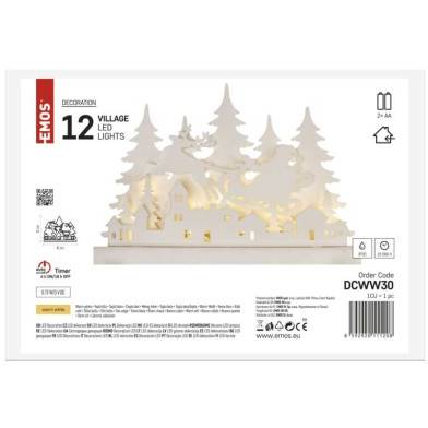 DCWW30 LED dekorace dřevěná – vánoční vesnička, 31 cm, 2x AA, vnitřní, teplá bílá, časovač EMOS