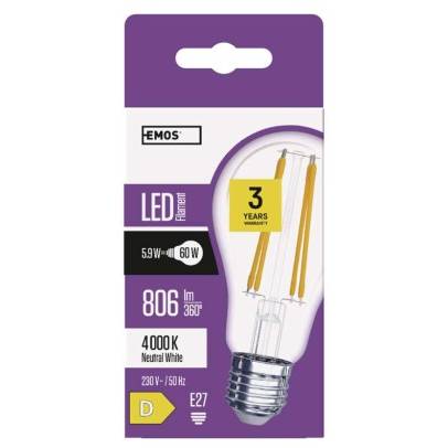 ZF5141 LED žárovka Filament A60 5,9W E27 neutrální bílá EMOS Lighting