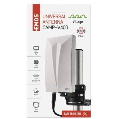 J0802 Anténa univerzální VILLAGE CAMP–V400, DVB-T2, FM, DAB, filtr LTE/4G/5G EMOS