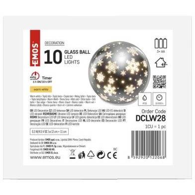 DCLW28 LED vánoční skleněná koule – vločky, 12 cm, 3x AA, vnitřní, teplá bílá, časovač EMOS